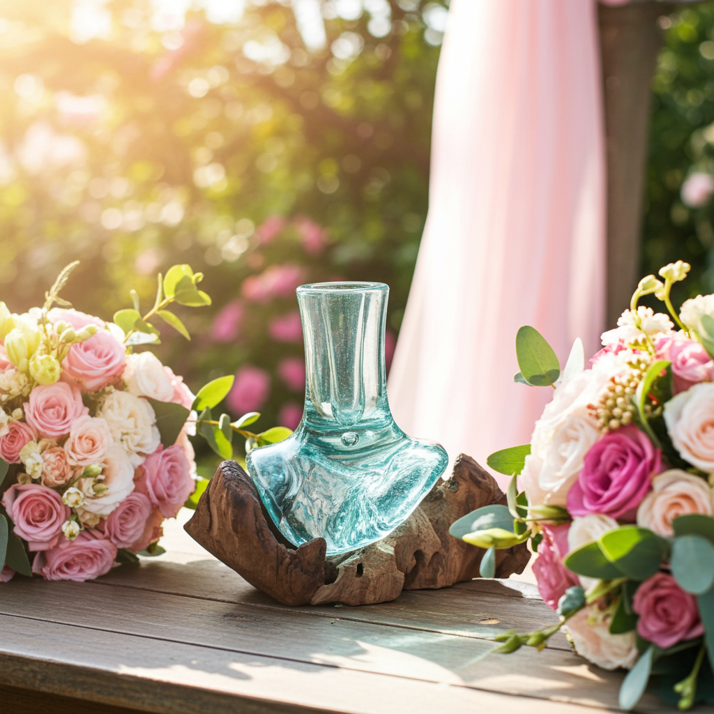 Piccolo vaso per fiori in vetro soffiato su legno - Essenze del Bottegaio