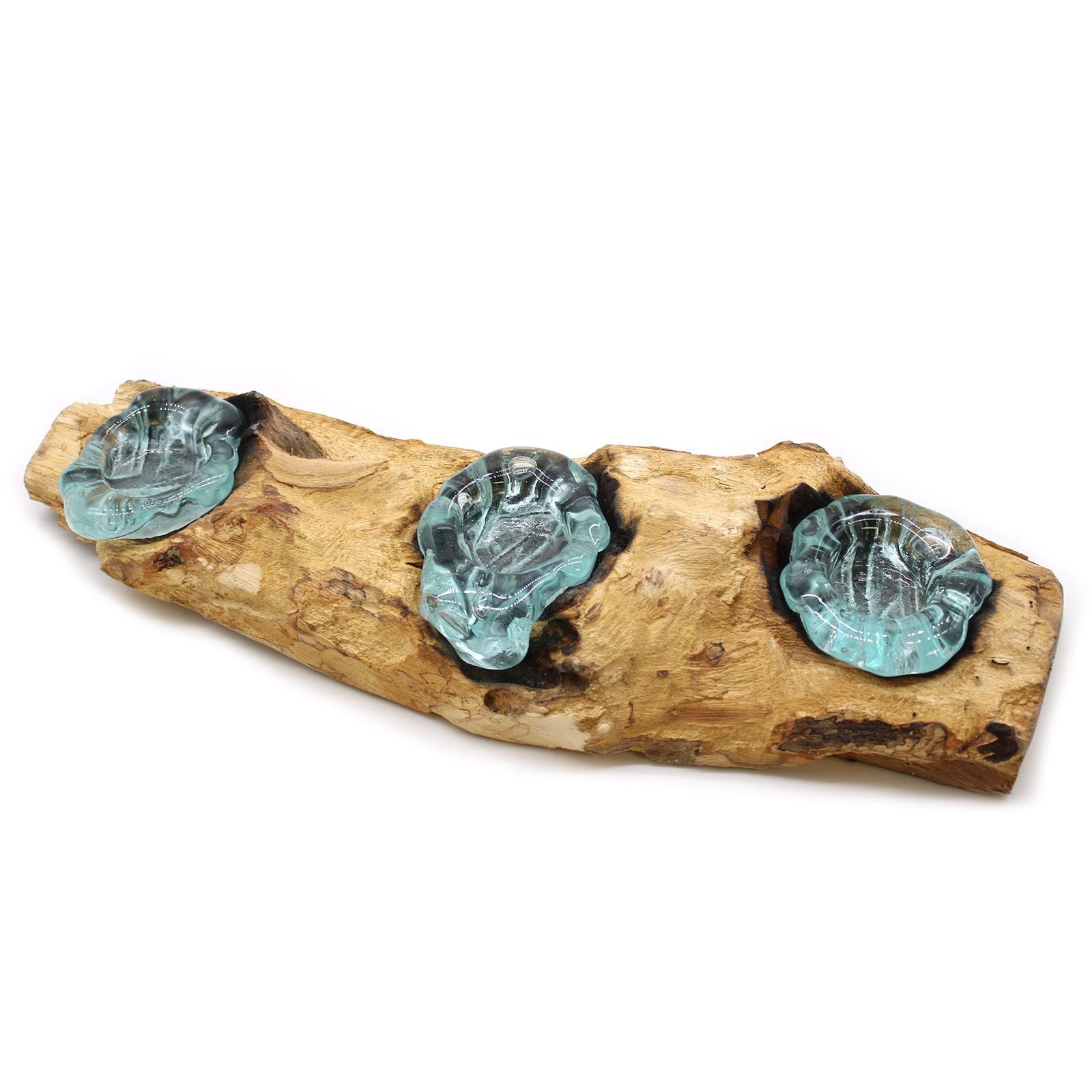 Portacandele triplo piatto in vetro soffiato su legno - Essenze del Bottegaio