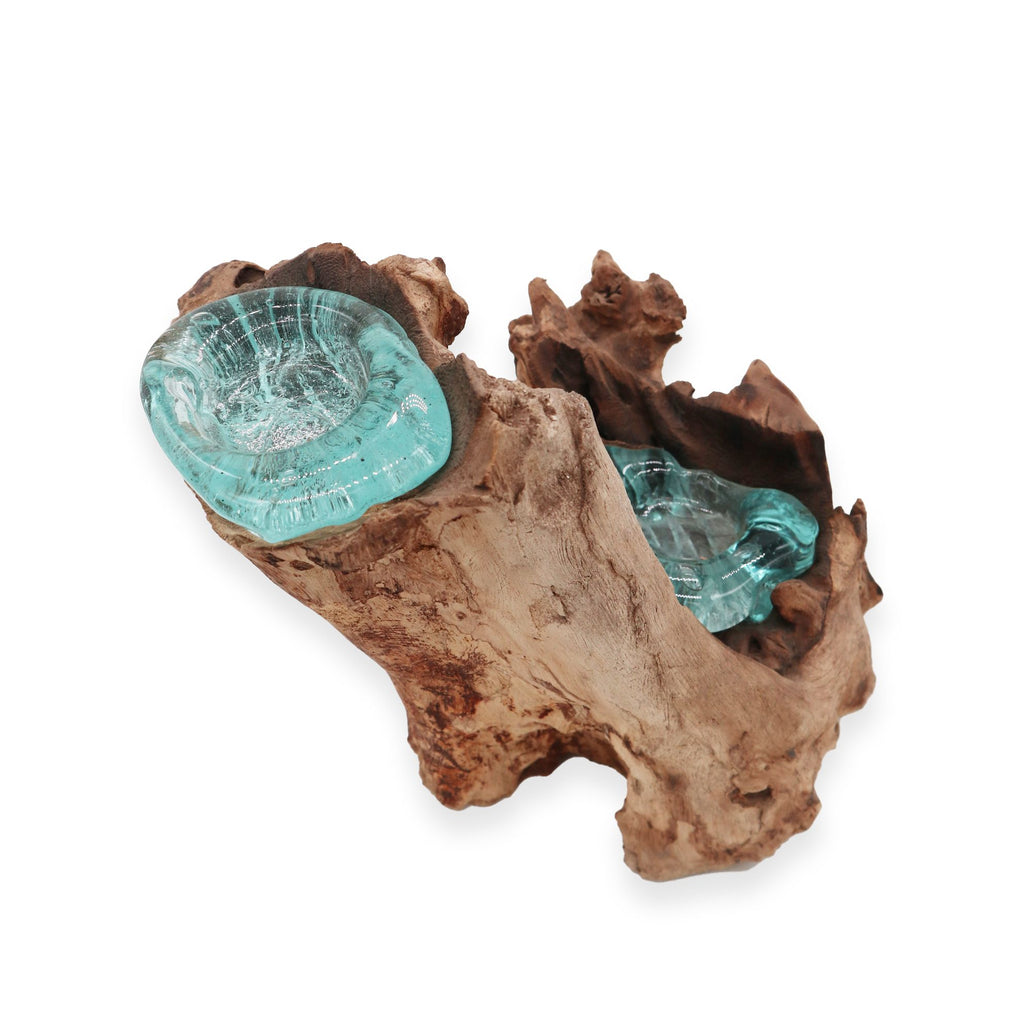 Portacandele doppio in vetro soffiato su legno - Essenze del Bottegaio