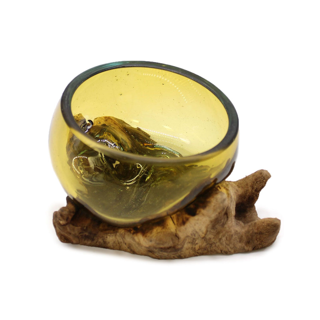 Ciotola in vetro ambrato soffiato su legno - Essenze del Bottegaio