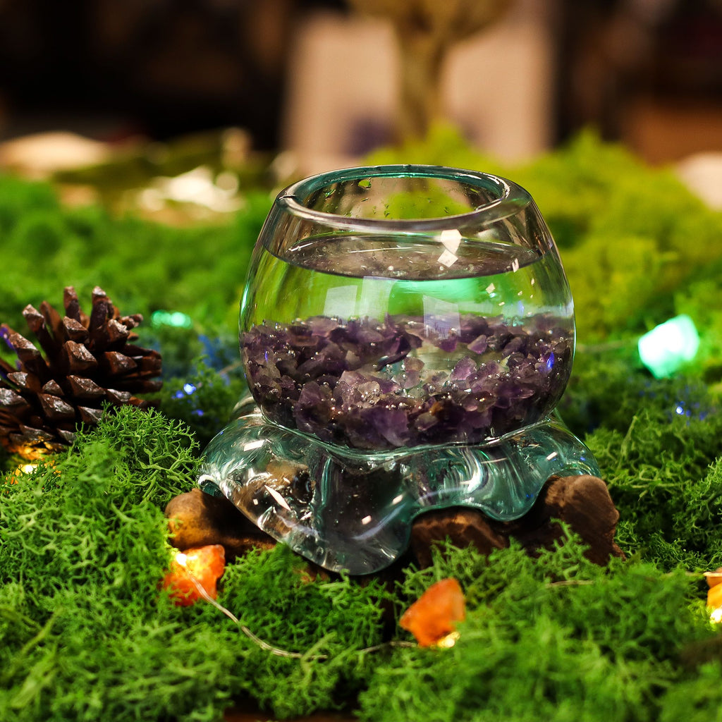 Mini boccia per pesci rossi in vetro soffiato su legno 20 cm - Essenze del Bottegaio