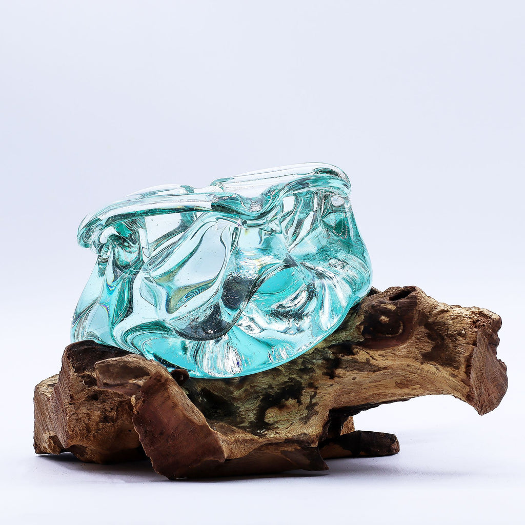 Posacenere/portacandele in vetro soffiato massiccio su legno 23 cm - Essenze del Bottegaio