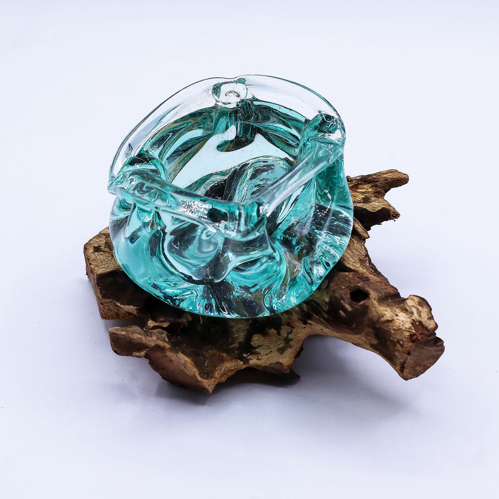 Posacenere/portacandele in vetro soffiato massiccio su legno 23 cm - Essenze del Bottegaio