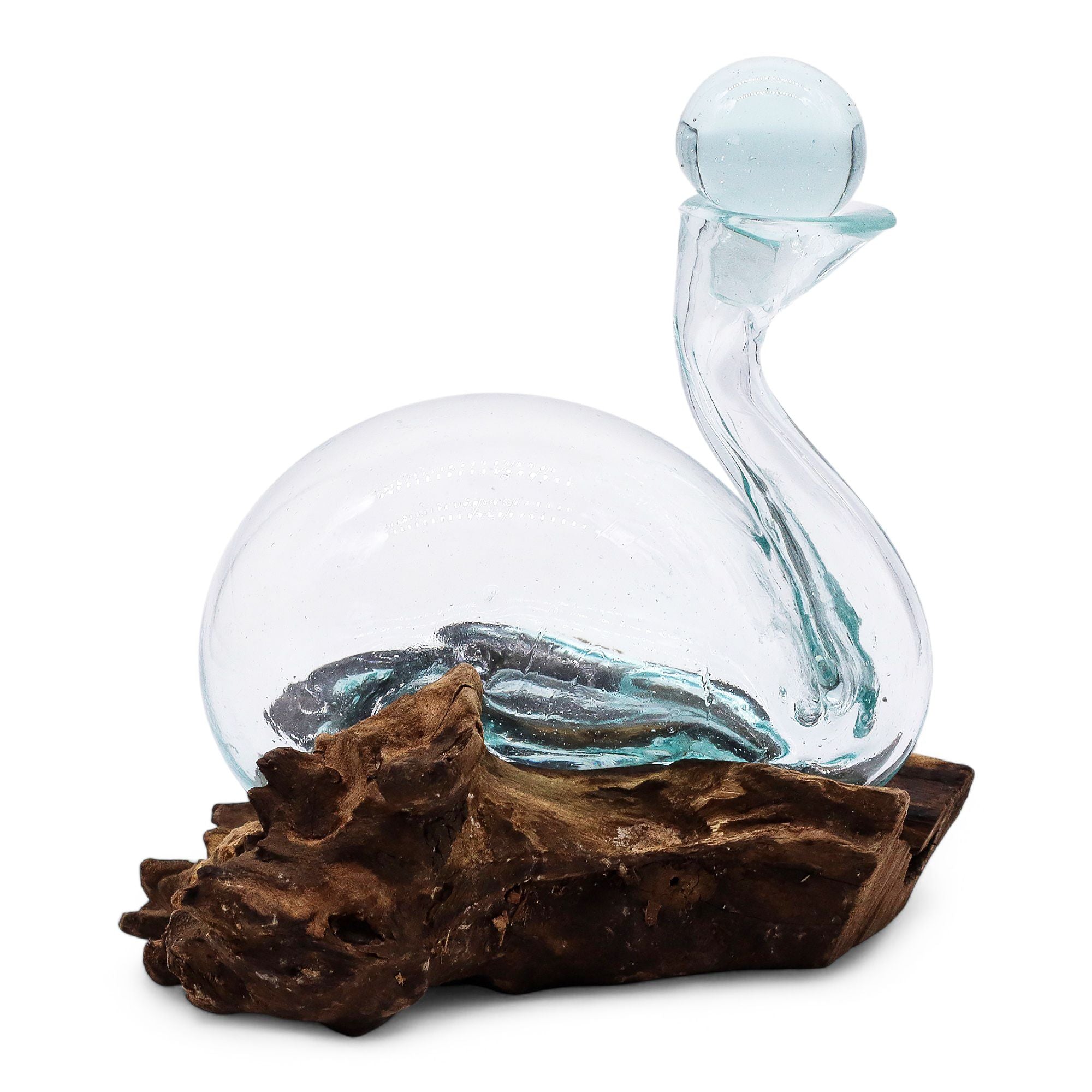 Decanter a forma di anatra in vetro fuso su legno con tappo 19 cm - Essenze del Bottegaio