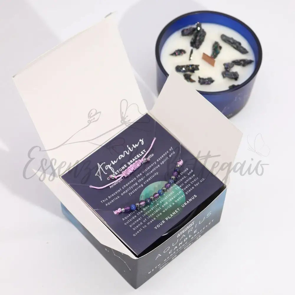Candela Zodiaco con Braccialetto - Acquario - Zodiac Crystal Candles with Gemstone Bracelet