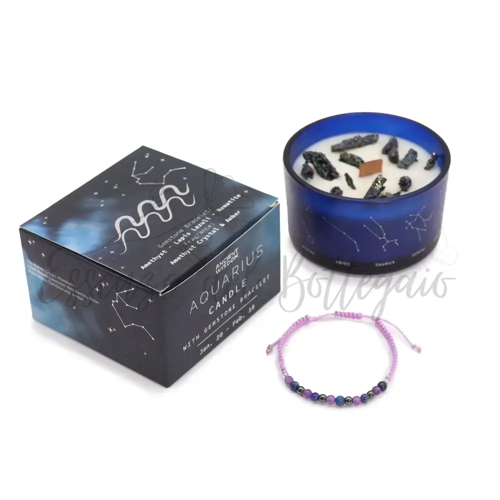 Candela Zodiaco con Braccialetto - Acquario - Zodiac Crystal Candles with Gemstone Bracelet