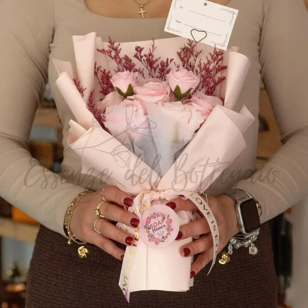 Grande Mazzo di Rose Rosa – “L’Amore è Eterno” – Biglietto - Soap Flower Bouquets