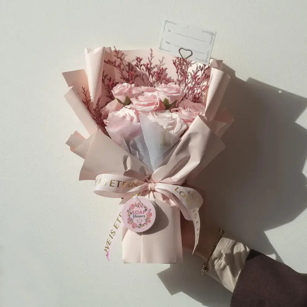 Grande Mazzo di Rose Rosa – “L’Amore è Eterno” – Biglietto - Soap Flower Bouquets
