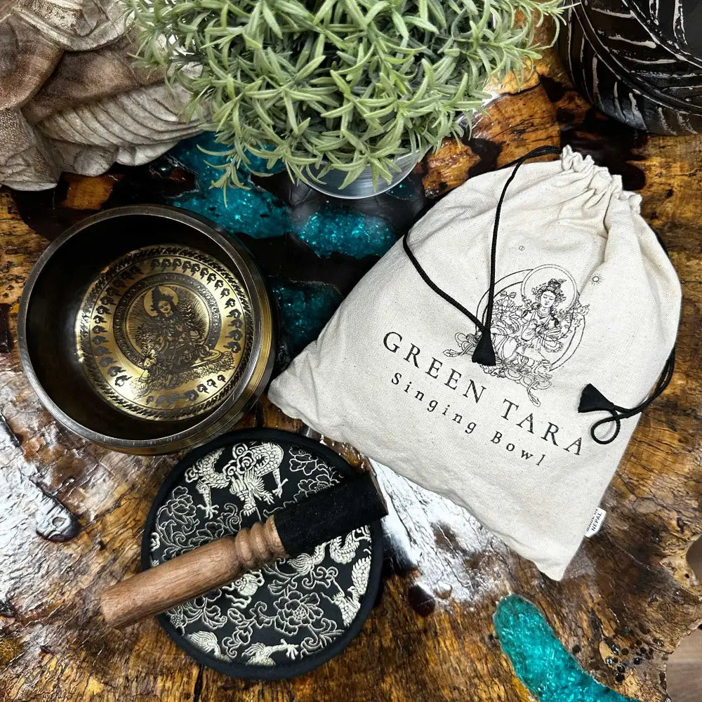 Hand Beaten & Engraved Singing Bowl Gift Set - 14cm - Green - Tibetan Singing Bowl Sets