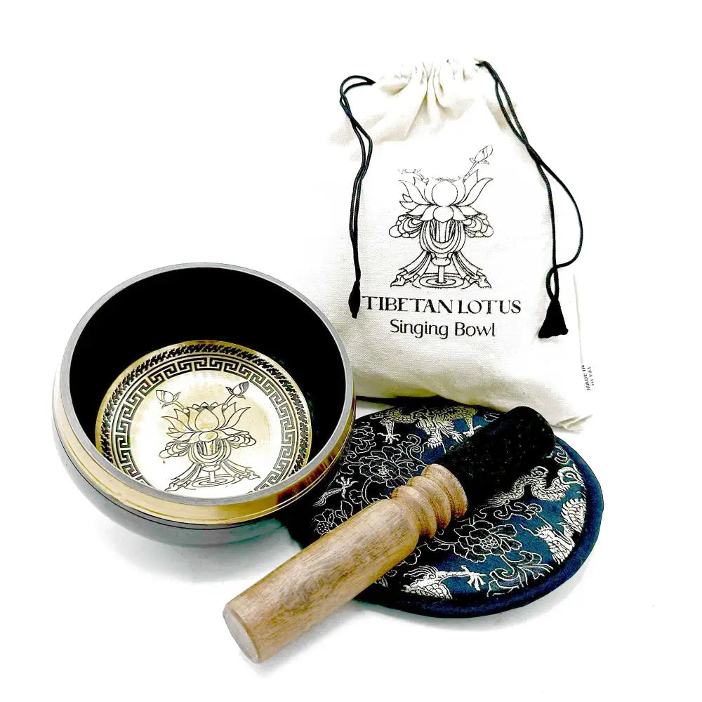 Hand Beaten & Engraved Singing Bowl Gift Set - 14cm - Lotus - Tibetan Singing Bowl Sets