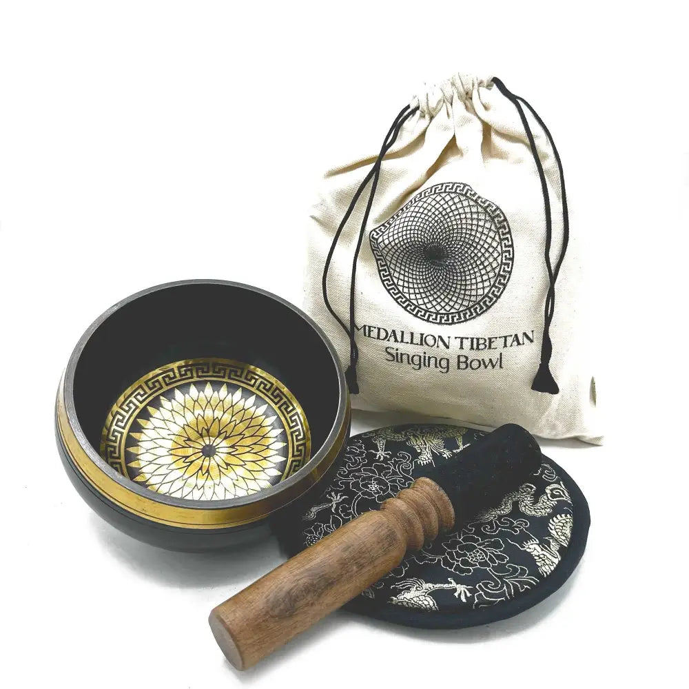 Hand Beaten & Engraved Singing Bowl Gift Set - 14cm - Round - Tibetan Singing Bowl Sets