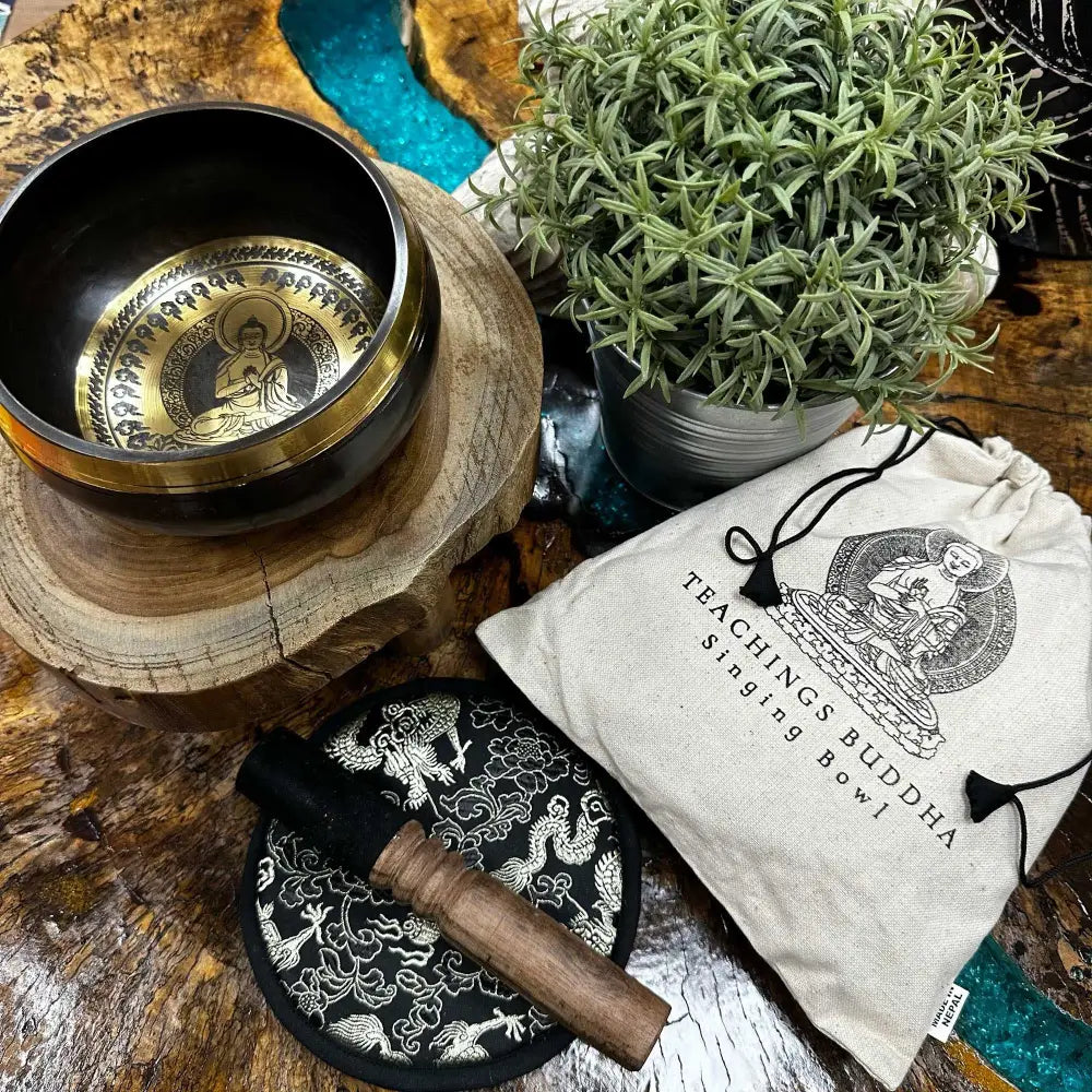 Hand Beaten & Engraved Singing Bowl Gift Set - 14cm - Tibetan Singing Bowl Sets