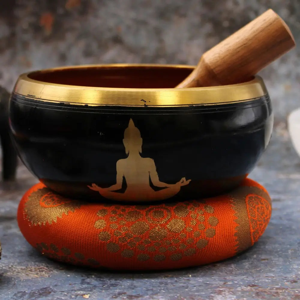 Lrg Buddha Singing Bowl Set- Black/Orange 14cm - Tibetan Singing Bowls