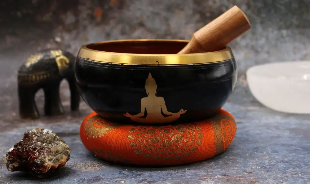 Lrg Buddha Singing Bowl Set- Black/Orange 14cm - Tibetan Singing Bowls