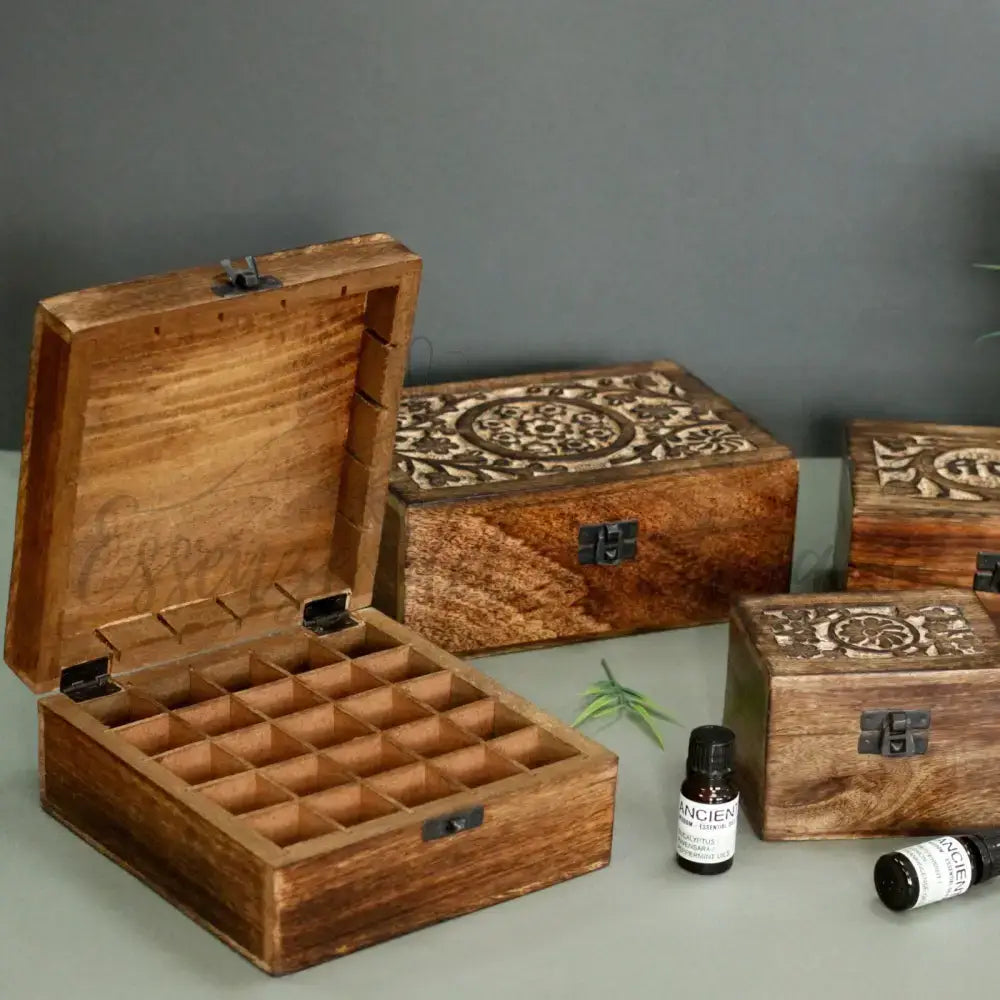 Mango box oli essenziali (25 scomparti) - Aromatherapy Floral Carved Boxes