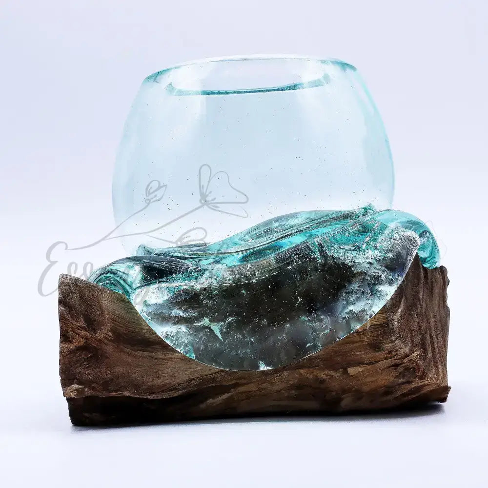Mini boccia per pesci rossi in vetro soffiato su legno 20 cm - Molten Glass on Wood