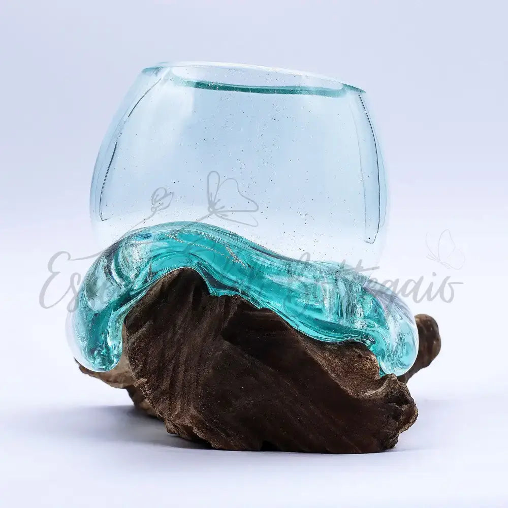 Mini boccia per pesci rossi in vetro soffiato su legno 20 cm - Molten Glass on Wood