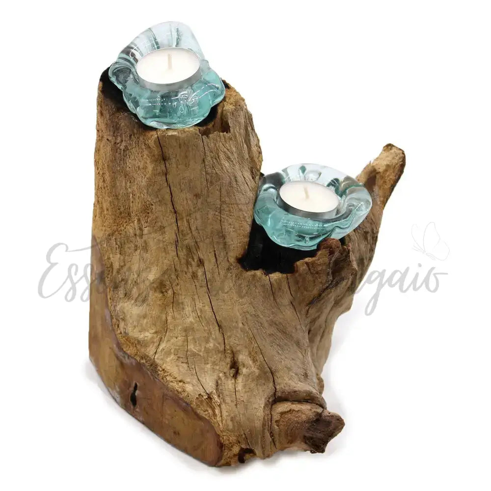 Portacandele doppio in vetro soffiato su legno - Molten Glass on Wood