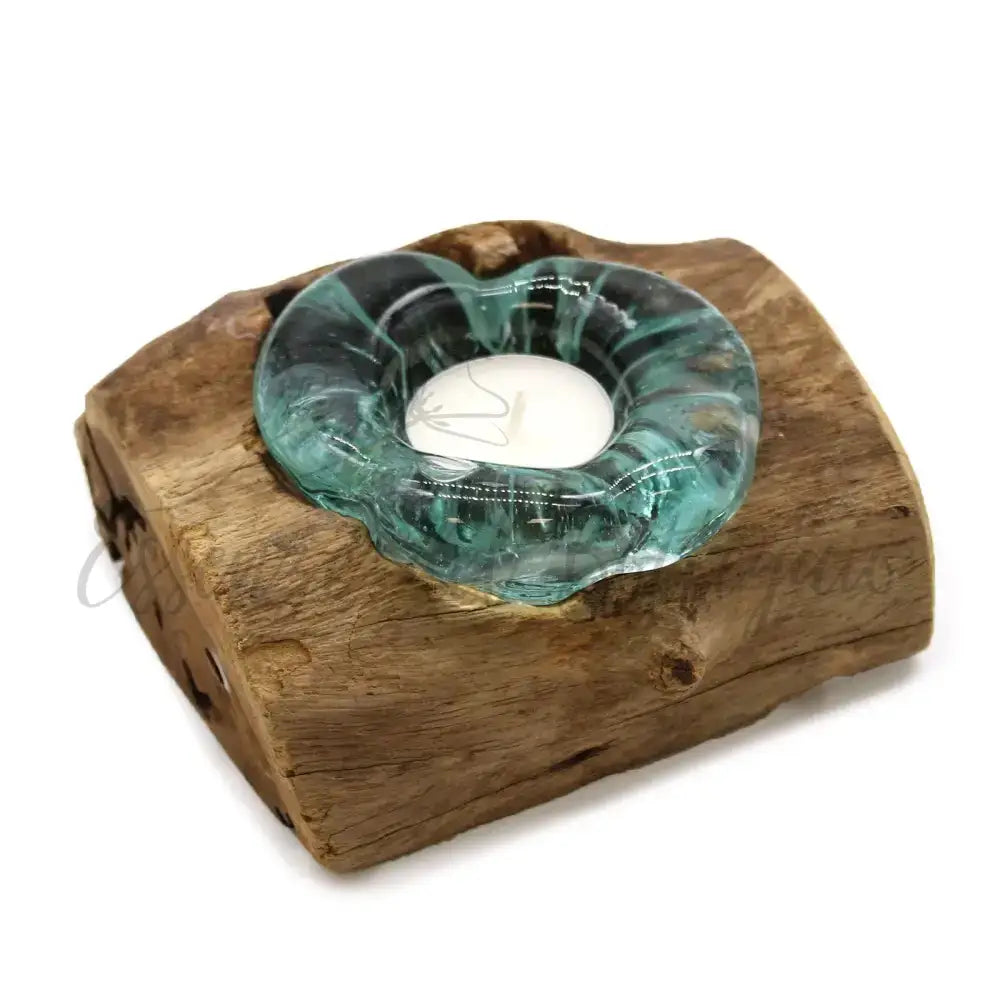 Portacandele singolo in vetro soffiato su legno - Molten Glass on Wood
