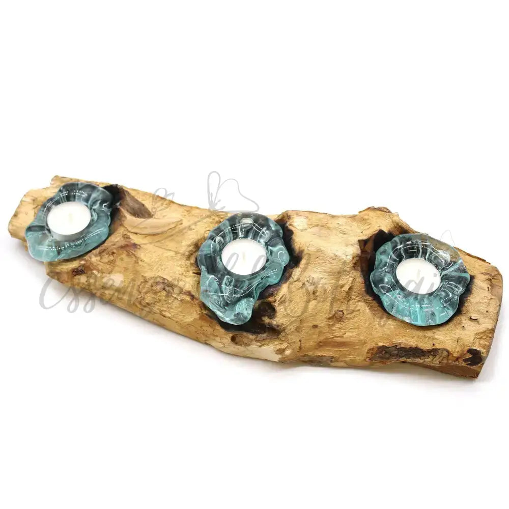 Portacandele triplo piatto in vetro soffiato su legno - Molten Glass on Wood