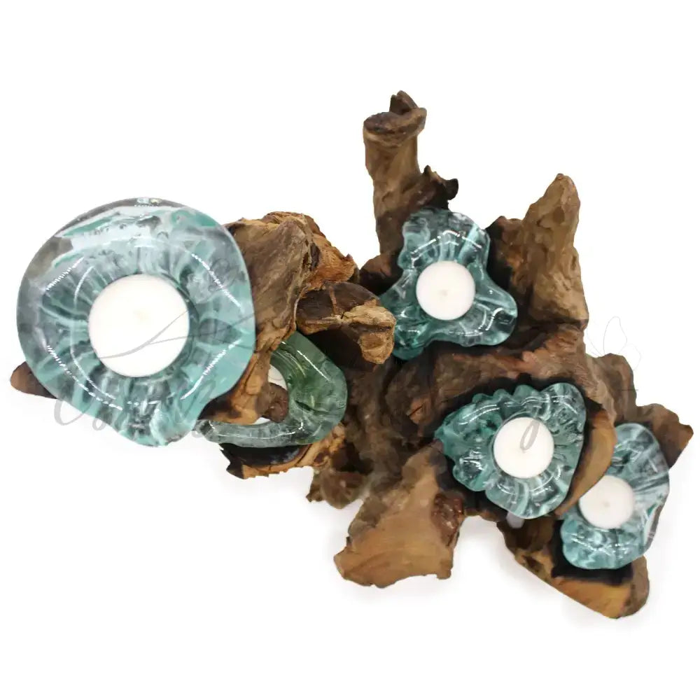 Portacandele in vetro soffiato a cinque candele su legno - Molten Glass on Wood