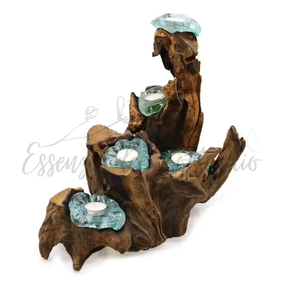 Portacandele in vetro soffiato a cinque candele su legno - Molten Glass on Wood