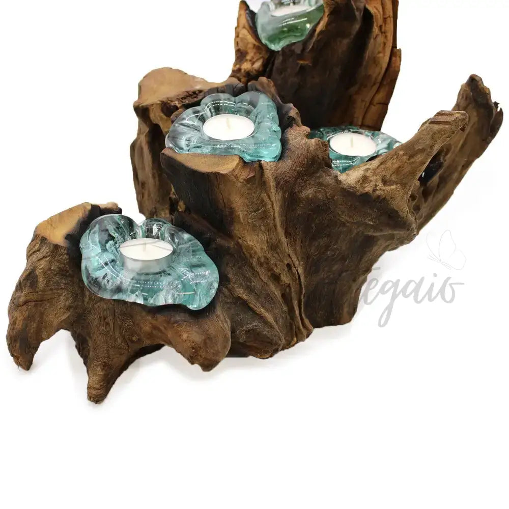 Portacandele in vetro soffiato a cinque candele su legno - Molten Glass on Wood