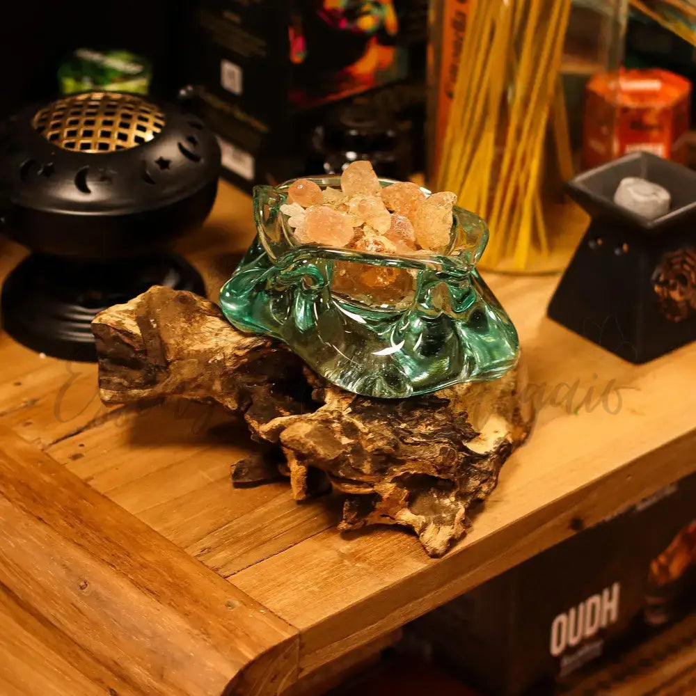 Posacenere/portacandele in vetro soffiato massiccio - Molten Glass on Wood