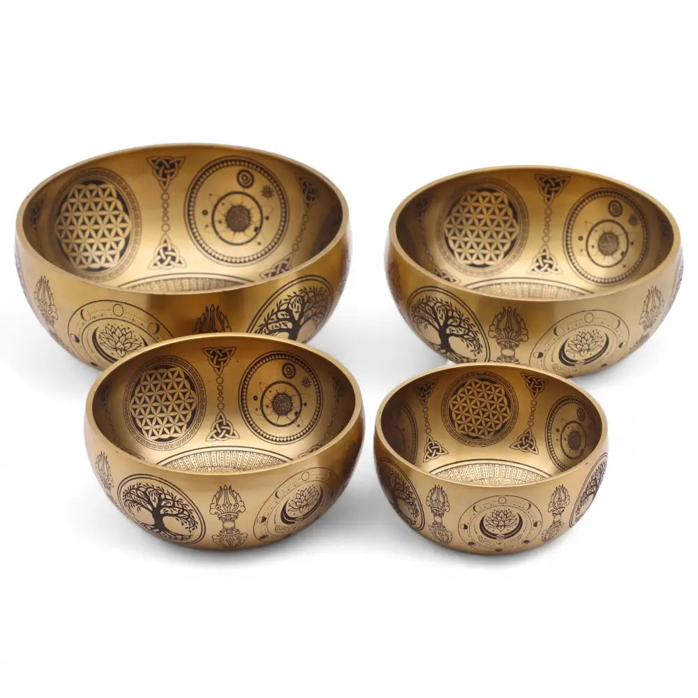 Pure Brass Etched Buddha - Set of 4 - Approx 3.85kg - Tibetan Singing Bowls