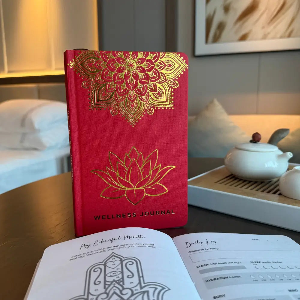 Red Wellness Journal - 120 pages - Golden Mandala and Lotus - Wellness & Gratitude Notebooks