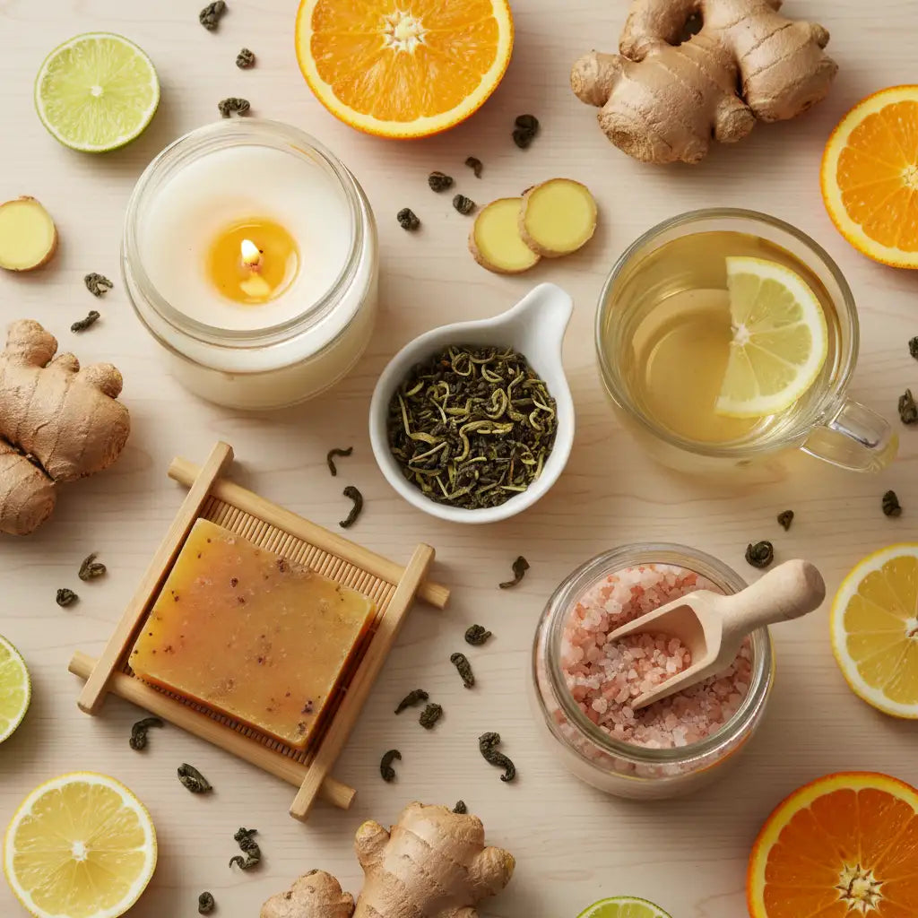 Una saponetta calda di colore ambra con texture screziata poggia su un portasapone di legno.