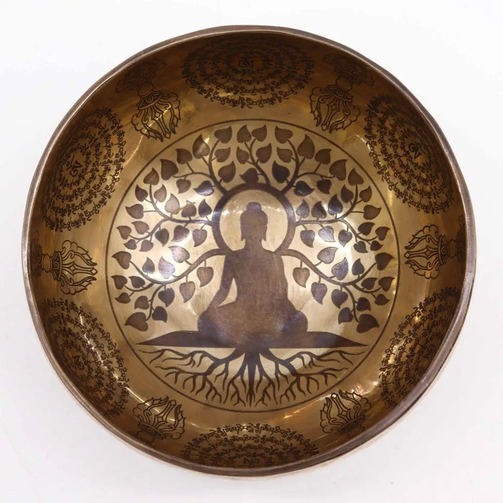 Tibetan Healing Engraved Bowl - 16cm - Bodhi Tree Buddha - Tibetan Singing Bowls