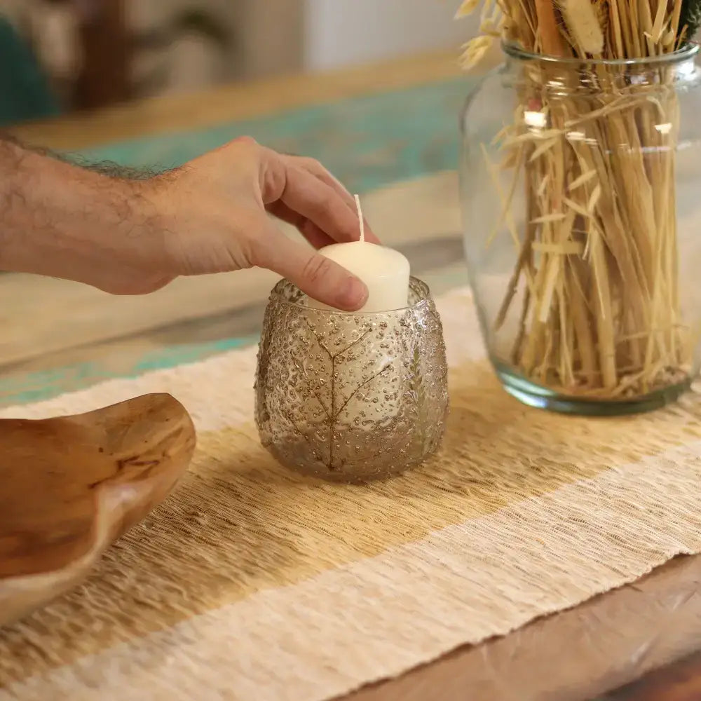 Vetro floreale naturale - Portacandele dritto - Pino - Natural Floral Glass Candle Holders
